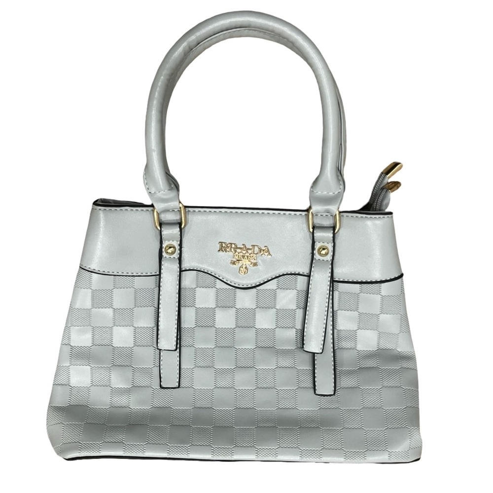 Elegant Gray Blue Checkered Handbag With Gold Hardware Faux Leather
